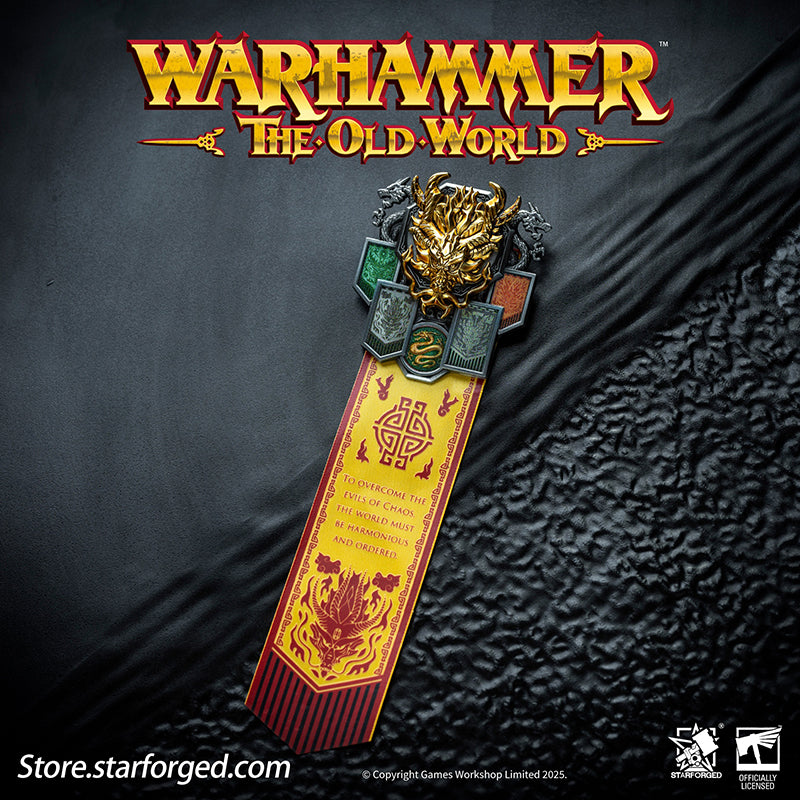 Starforged Warhammer The Old World Warhammer Fantasy Banner of Grand Cathay Brooch Seal Badge Grand Cathay stands as the most powerful human realm in the Old World—a land of civilization, prosperity, and magic, all bound by sacred Harmony. Ruled by the immortal Dragon Emperor and Moon Empress, divine beings of staggering power who govern with wisdom and benevolence, Cathay is a nation where dragons walk among men. From their floating celestial capital, Weijin, they command a realm where magic flows as natur