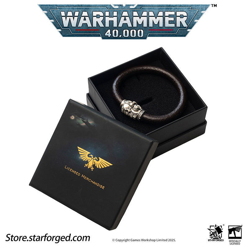 Starforged Warhammer 40K The Imperium Servo Skull Leather Braclet Men's Jewelry Accessories The skull is one of the most important symbols of the Imperium. It represents not only sacrifice but also the purity of mankind. The flesh of traitors, heretics, and xenos often deviates significantly from that of pure humans, with one of the most pronounced mutations being in their skulls. It is for this very reason that the skull is recognized as an emblem of human purity and the sacrifice made to defend it. Throug