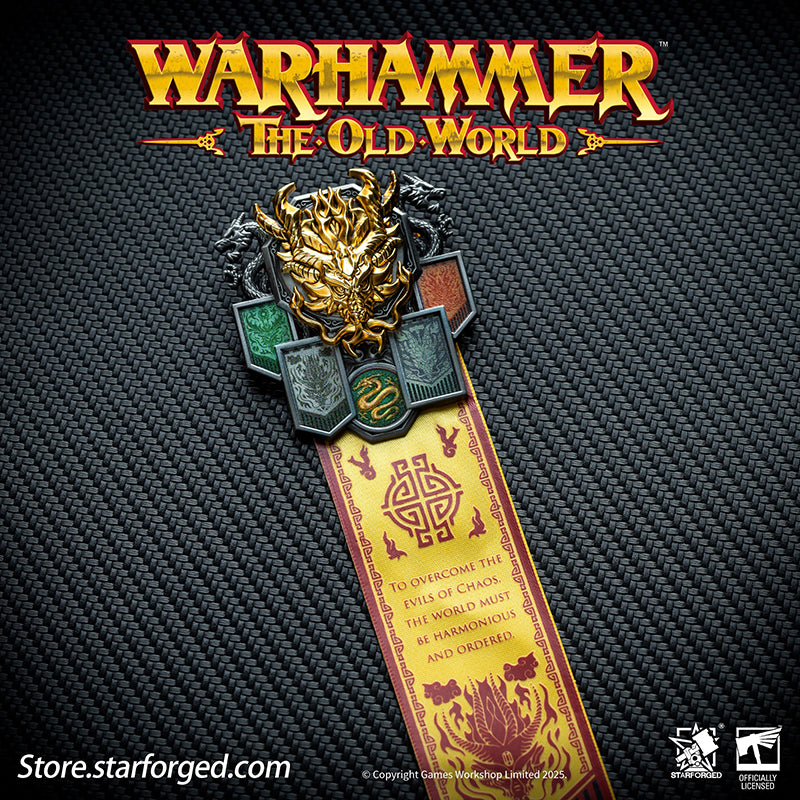 Starforged Warhammer The Old World Warhammer Fantasy Banner of Grand Cathay Brooch Seal Badge Grand Cathay stands as the most powerful human realm in the Old World—a land of civilization, prosperity, and magic, all bound by sacred Harmony. Ruled by the immortal Dragon Emperor and Moon Empress, divine beings of staggering power who govern with wisdom and benevolence, Cathay is a nation where dragons walk among men. From their floating celestial capital, Weijin, they command a realm where magic flows as natur