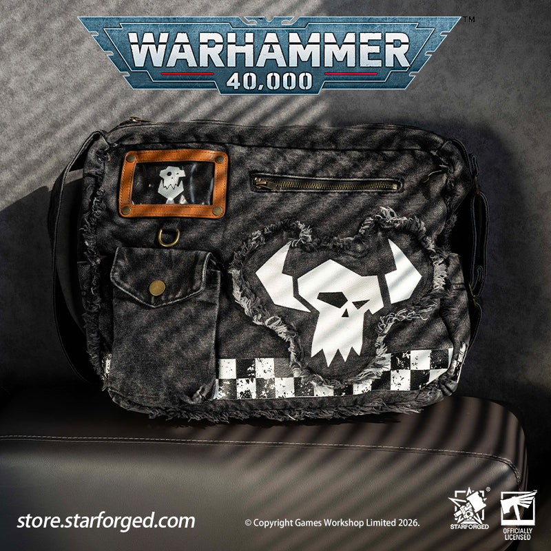 STARFORGED Warhammer 40K Orks Cunningly Brutal Messenger Bag | Orkz Series | Warhammer Gifts WE'RE ABOUT TO START A GROT REBELLION!!!  Orks, also known as Greenskins, are a sentient species in the Warhammer 40K universe. Combining plant-like photosynthetic skin with animalistic behavior, they reproduce asexually through spores. Their genetic code comes preloaded with engineering and technological knowledge, allowing them to construct bizarre war machines and unleash devastating psychic attacks.  