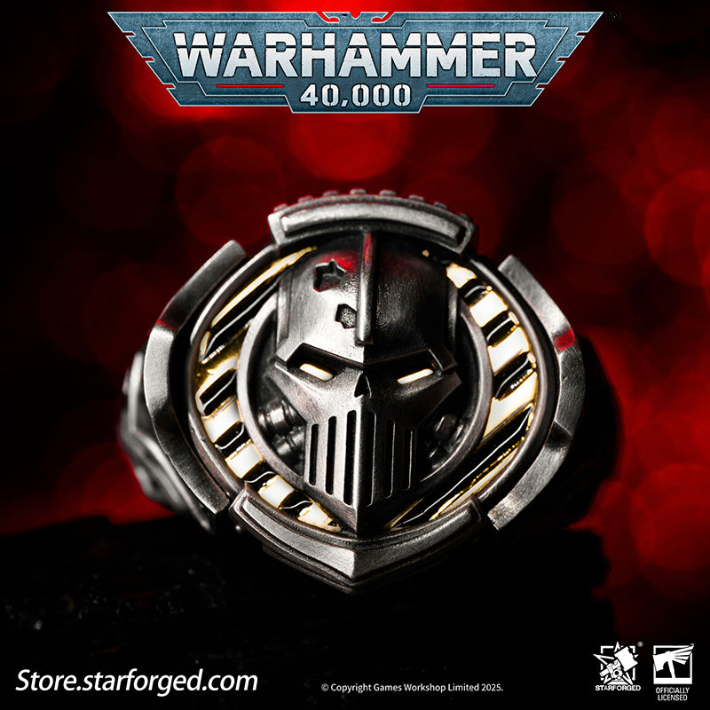 Starforged Warhammer 40K The Sigil Ring of Perturabo Iron Warriors Silver Ring Accessories Jewelry The Iron Warriors stood as the Emperor's most formidable siege force. During the Great Crusade, they fought alongside the Imperial Fists across hundreds of worlds, reducing xenos fortresses and the strongholds of those who defied the Emperor's will to rubble.  Their Primarch Perturabo was a master of siegecraft and trench warfare. As experts in attritional combat, the Iron Warriors preferred devastating artill