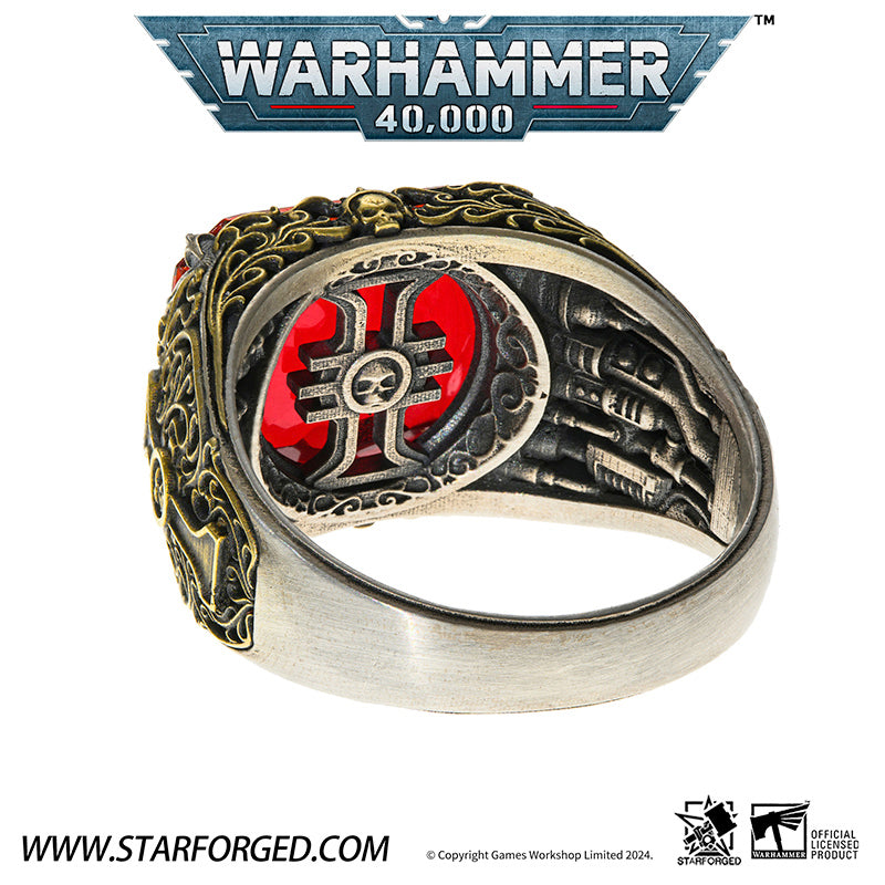 Starforged Seal of the Inquisitor Warhammer 40K Men's Garnet Gemstone 925 Silver & Gold  Ring