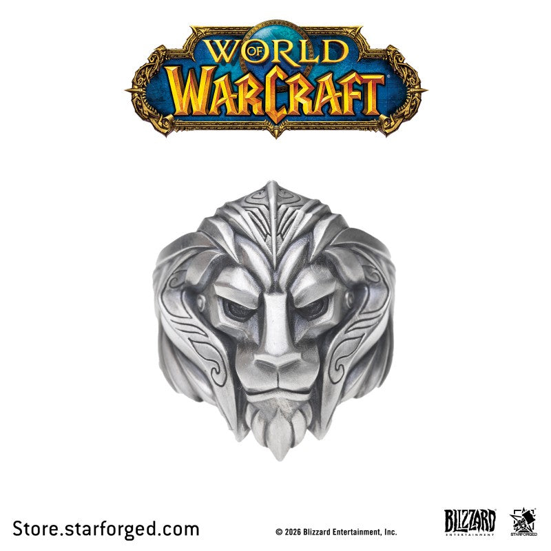 Starforged World of Warcraft Lion Crown of Stormwind Men's Fashion Jewelry Officially Authorized The Young King’s Trial The Choice of the Path of Holy Light The Courage to Fight for Peace The Coronation at the Broken Shore Peace Is the Noblest Ideal  At the heart of this ring lies the silent lion from Anduin’s armor. Through meticulous relief craftsmanship, we have recreated every detail of this noble beast. It does not roar; instead, it gazes forward with steady resolve. This perfectly embodies Anduin Wryn