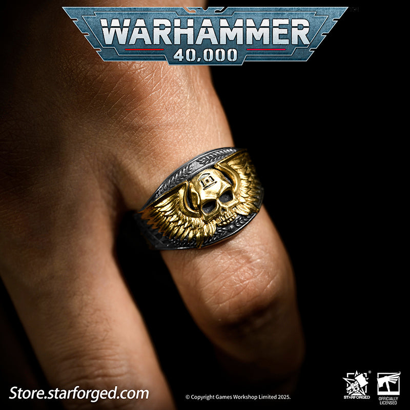 Astra Militarum De Gloria Cadia Ring Cadian Shock Troopers Warhammer Memorial Ring Gold & Silver A ring depicting the winged skull emblem of the Astra Militarum. With the Cadian Gate’s logo etched on its forehead, representing the heroic Cadian Shock Troopers. Their famous warcry, ‘Cadia stands!’ echoes with it.