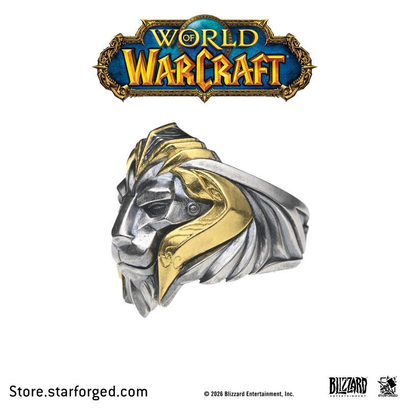 Starforged World of Warcraft Lion Crown of Stormwind Men's Fashion Jewelry Officially Authorized The Young King’s Trial The Choice of the Path of Holy Light The Courage to Fight for Peace The Coronation at the Broken Shore Peace Is the Noblest Ideal  At the heart of this ring lies the silent lion from Anduin’s armor. Through meticulous relief craftsmanship, we have recreated every detail of this noble beast. It does not roar; instead, it gazes forward with steady resolve. This perfectly embodies Anduin Wryn