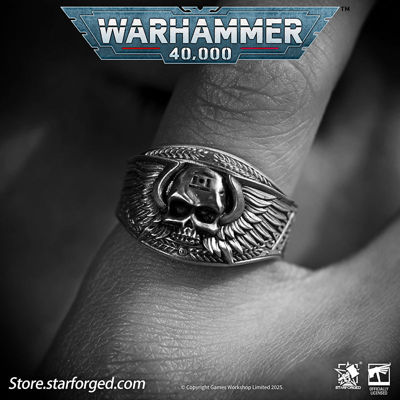Astra Militarum De Gloria Cadia Ring Cadian Shock Troopers Warhammer Memorial Ring Gold & Silver A ring depicting the winged skull emblem of the Astra Militarum. With the Cadian Gate’s logo etched on its forehead, representing the heroic Cadian Shock Troopers. Their famous warcry, ‘Cadia stands!’ echoes with it.