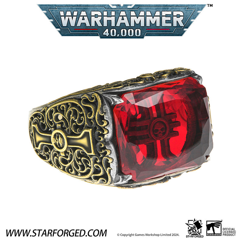 Starforged Seal of the Inquisitor Warhammer 40K Men's Garnet Gemstone 925 Silver & Gold  Ring