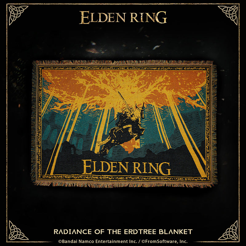 This product is designed based on the visual art of the Golden Tree and the Bloody Wolf from Elden Ring.

As a woven tapestry, it utilizes simplified lines and a highly limited color palette to present the entire scene. The artistic style employs large blocks of golden hues to depict the Golden Tree and the radiance cascading from its branches. Amidst this golden glow and the darkened landscapes of the Lands Between, the silhouette of the Bloody Wolf, charging into battle on horseback, is rendered in pure b