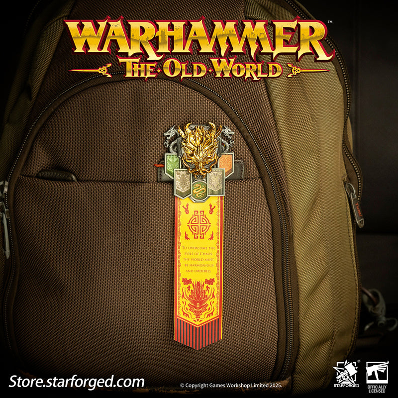 Starforged Warhammer The Old World Warhammer Fantasy Banner of Grand Cathay Brooch Seal Badge Grand Cathay stands as the most powerful human realm in the Old World—a land of civilization, prosperity, and magic, all bound by sacred Harmony. Ruled by the immortal Dragon Emperor and Moon Empress, divine beings of staggering power who govern with wisdom and benevolence, Cathay is a nation where dragons walk among men. From their floating celestial capital, Weijin, they command a realm where magic flows as natur