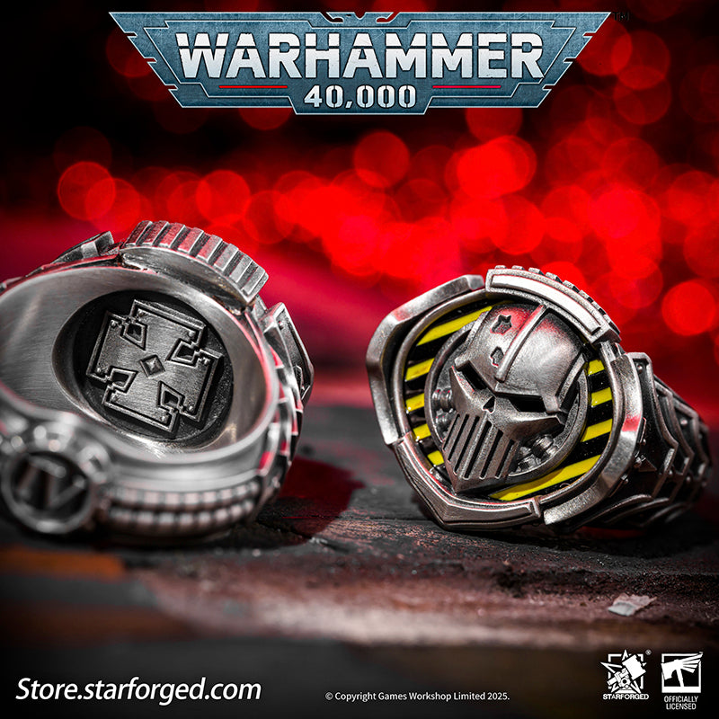 Starforged Warhammer 40K The Sigil Ring of Perturabo Iron Warriors Silver Ring Accessories Jewelry The Iron Warriors stood as the Emperor's most formidable siege force. During the Great Crusade, they fought alongside the Imperial Fists across hundreds of worlds, reducing xenos fortresses and the strongholds of those who defied the Emperor's will to rubble.  Their Primarch Perturabo was a master of siegecraft and trench warfare. As experts in attritional combat, the Iron Warriors preferred devastating artill