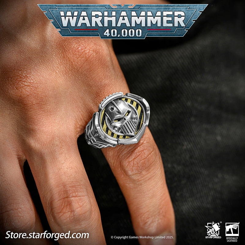 Starforged Warhammer 40K The Sigil Ring of Perturabo Iron Warriors Silver Ring Accessories Jewelry The Iron Warriors stood as the Emperor's most formidable siege force. During the Great Crusade, they fought alongside the Imperial Fists across hundreds of worlds, reducing xenos fortresses and the strongholds of those who defied the Emperor's will to rubble.  Their Primarch Perturabo was a master of siegecraft and trench warfare. As experts in attritional combat, the Iron Warriors preferred devastating artill