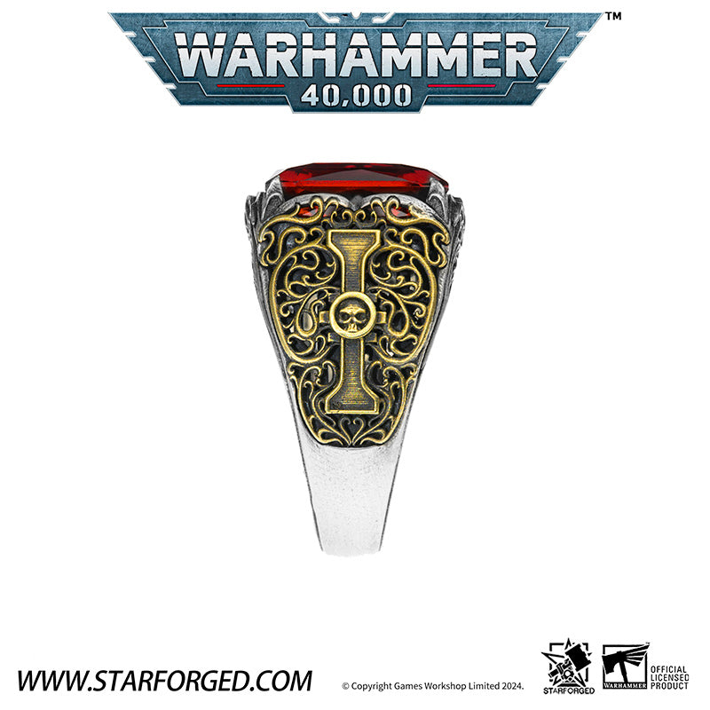 Starforged Seal of the Inquisitor Warhammer 40K Men's Garnet Gemstone 925 Silver & Gold  Ring