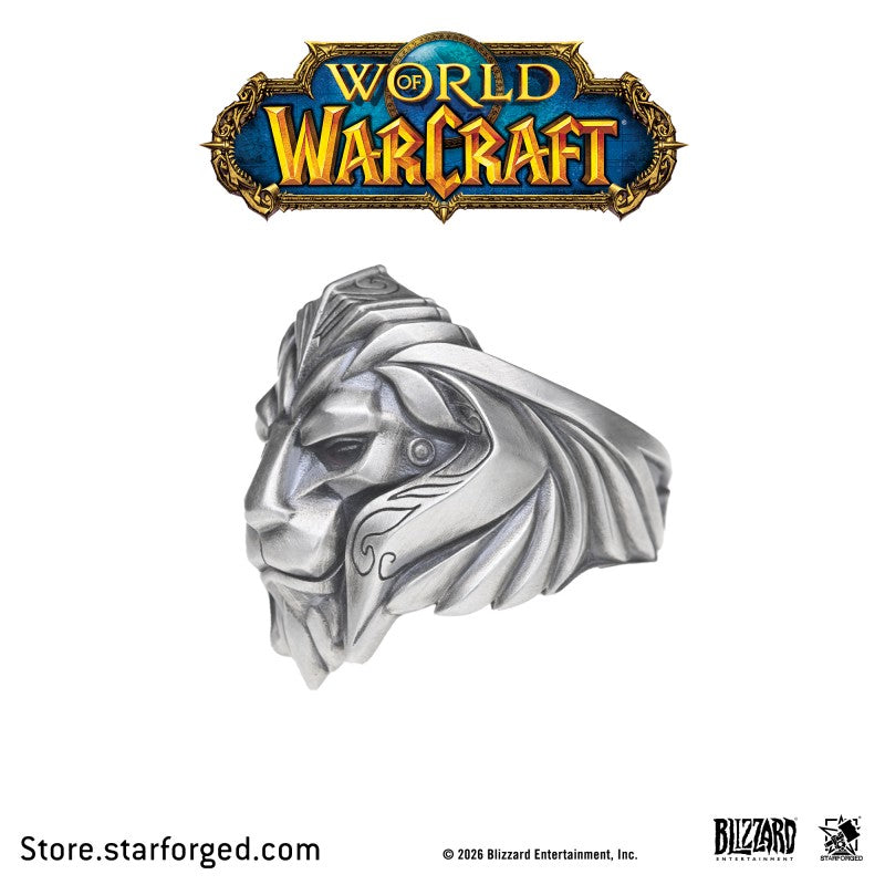 Starforged World of Warcraft Lion Crown of Stormwind Men's Fashion Jewelry Officially Authorized The Young King’s Trial The Choice of the Path of Holy Light The Courage to Fight for Peace The Coronation at the Broken Shore Peace Is the Noblest Ideal  At the heart of this ring lies the silent lion from Anduin’s armor. Through meticulous relief craftsmanship, we have recreated every detail of this noble beast. It does not roar; instead, it gazes forward with steady resolve. This perfectly embodies Anduin Wryn