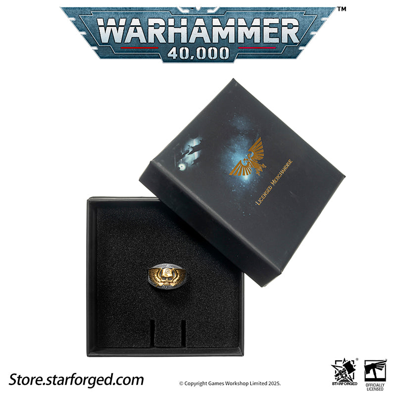 Astra Militarum De Gloria Cadia Ring Cadian Shock Troopers Warhammer Memorial Ring Gold & Silver A ring depicting the winged skull emblem of the Astra Militarum. With the Cadian Gate’s logo etched on its forehead, representing the heroic Cadian Shock Troopers. Their famous warcry, ‘Cadia stands!’ echoes with it.