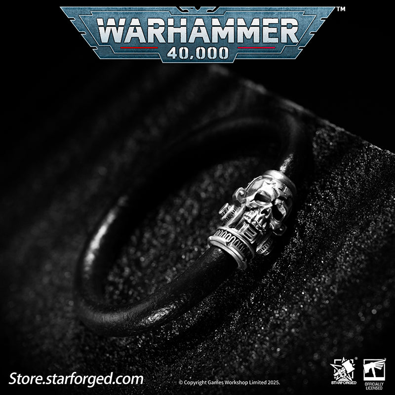 Starforged Warhammer 40K The Imperium Servo Skull Leather Braclet Men's Jewelry Accessories The skull is one of the most important symbols of the Imperium. It represents not only sacrifice but also the purity of mankind. The flesh of traitors, heretics, and xenos often deviates significantly from that of pure humans, with one of the most pronounced mutations being in their skulls. It is for this very reason that the skull is recognized as an emblem of human purity and the sacrifice made to defend it. Throug