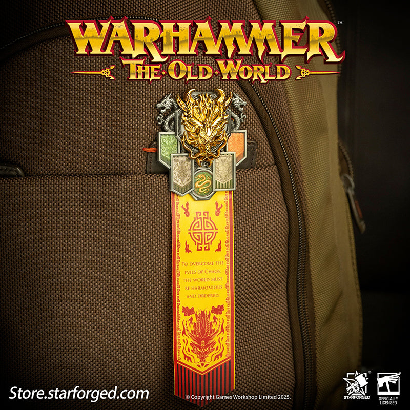 Starforged Warhammer The Old World Warhammer Fantasy Banner of Grand Cathay Brooch Seal Badge Grand Cathay stands as the most powerful human realm in the Old World—a land of civilization, prosperity, and magic, all bound by sacred Harmony. Ruled by the immortal Dragon Emperor and Moon Empress, divine beings of staggering power who govern with wisdom and benevolence, Cathay is a nation where dragons walk among men. From their floating celestial capital, Weijin, they command a realm where magic flows as natur