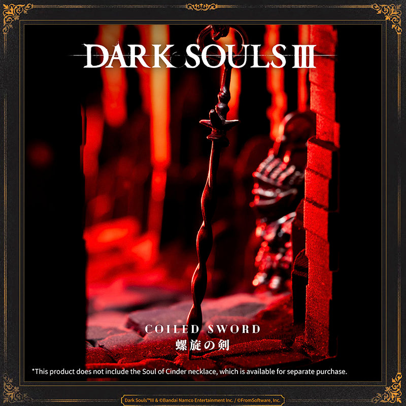 Starforged DARK SOULS III Coiled Sword Pendant Soul of Cinder Game Merchandise Officially Authorized Sword missing from the shrine bonfire.Cannot be equipped as a weapon.Thrust into the shrine bonfire to restore its power and enable travel between bonfires.This sword is only bequeathed to chosen ash, as judged by the Iudex, who awaits the arrival of ash as a scabbard.