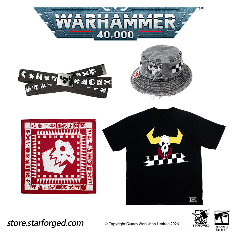 Starforged Warhammer 40K Orks Counsill of Clan-Bosses Set Men's Fashion Accessories Warhammer Merchandise Gifts Orks Counsill of Clan-Bosses Bandana  Only the toughest Orks earn a place on the Counsill of Clan-Bosses. This bandana is the perfect accessory for any aspiring Warboss wanting to get involved in the next Waaagh!.  Orks Counsill of Clan-Bosses Canvas Belt  Buckle up with a belt worthy of the biggest and meanest Warboss, complete with Ork glyphs along the strap - a great addition to any Ork fan’s a