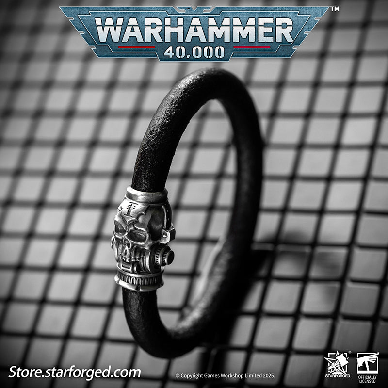 Starforged Warhammer 40K The Imperium Servo Skull Leather Braclet Men's Jewelry Accessories The skull is one of the most important symbols of the Imperium. It represents not only sacrifice but also the purity of mankind. The flesh of traitors, heretics, and xenos often deviates significantly from that of pure humans, with one of the most pronounced mutations being in their skulls. It is for this very reason that the skull is recognized as an emblem of human purity and the sacrifice made to defend it. Throug