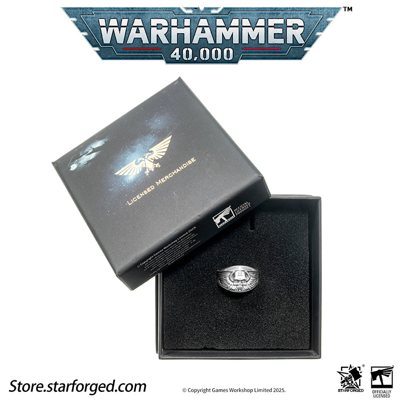 Astra Militarum De Gloria Cadia Ring Cadian Shock Troopers Warhammer Memorial Ring Gold & Silver A ring depicting the winged skull emblem of the Astra Militarum. With the Cadian Gate’s logo etched on its forehead, representing the heroic Cadian Shock Troopers. Their famous warcry, ‘Cadia stands!’ echoes with it.