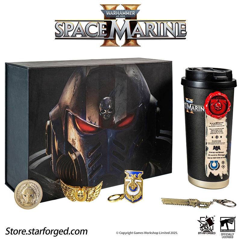 Starforged Warhammer 40K Space Marine II Gift Set Ultramarine Keychain & Water Bottle Brooch Set