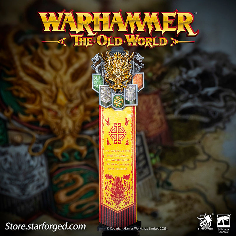 Starforged Warhammer The Old World Warhammer Fantasy Banner of Grand Cathay Brooch Seal Badge Grand Cathay stands as the most powerful human realm in the Old World—a land of civilization, prosperity, and magic, all bound by sacred Harmony. Ruled by the immortal Dragon Emperor and Moon Empress, divine beings of staggering power who govern with wisdom and benevolence, Cathay is a nation where dragons walk among men. From their floating celestial capital, Weijin, they command a realm where magic flows as natur