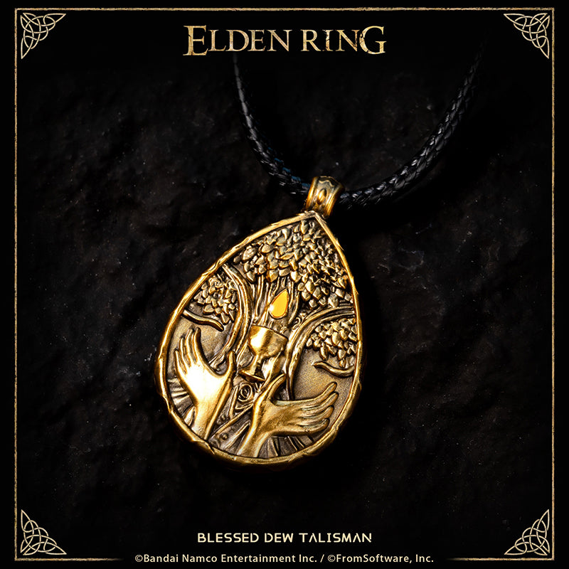 Starforged ELDEN RING Blessed Dew Talisman & Blessed Blue Dew Talisman Accessories Game Merchandise Officially Authorized Blessed Dew TalismanTalisman depicting a drop of the Erdtree's sap, a blessed boon.Gradually restores HP.It was once thought that the blessed sap of the Erdtree would drip from its boughs forever--but that age of plenty swiftly came to a close, and with time, the Erdtree became more an object of faith.
