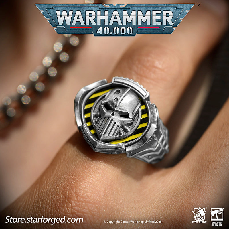 Starforged Warhammer 40K The Sigil Ring of Perturabo Iron Warriors Silver Ring Accessories Jewelry The Iron Warriors stood as the Emperor's most formidable siege force. During the Great Crusade, they fought alongside the Imperial Fists across hundreds of worlds, reducing xenos fortresses and the strongholds of those who defied the Emperor's will to rubble.  Their Primarch Perturabo was a master of siegecraft and trench warfare. As experts in attritional combat, the Iron Warriors preferred devastating artill