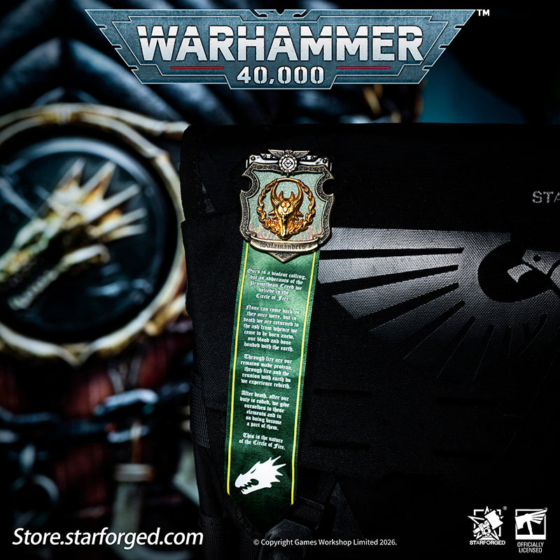Starforged Warhammer 40K Space Marines Salamanders The Pyroclasts Morale Badge Pin Men's Fashion Jewelry The Salamanders, initially known as the Dragon Warriors, were the 18th of the twenty Space Marine Legions, led by the Primarch Vulkan. The Legion remained loyal during the Horus Heresy but suffered devastating losses in the First Imperial Civil War, which severely limited their role in the remainder of the conflict.  Their Primarch was never recorded as deceased—instead, he is widely believed to be missi