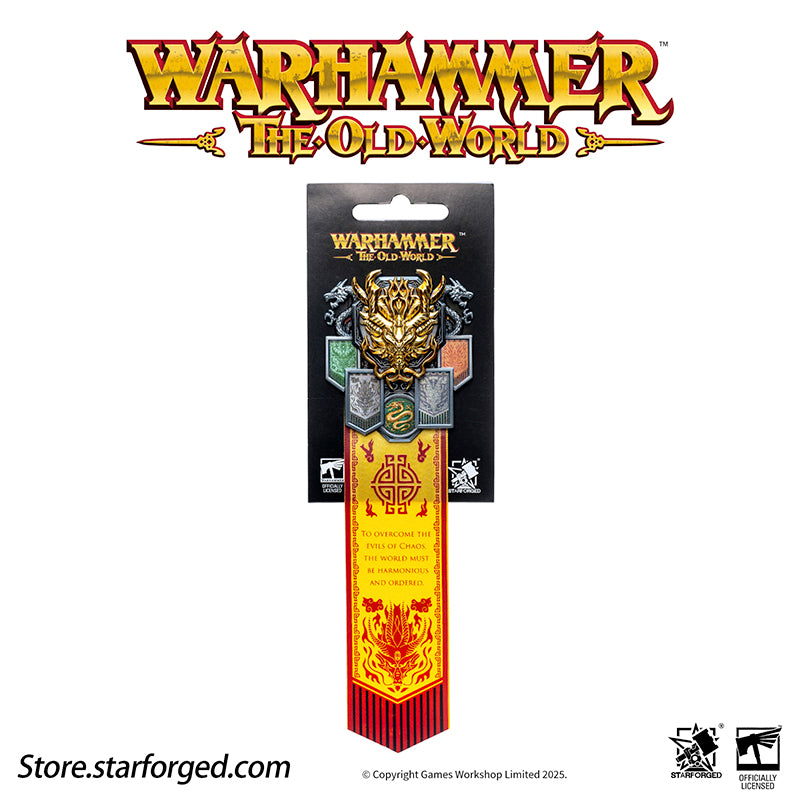 Starforged Warhammer The Old World Warhammer Fantasy Banner of Grand Cathay Brooch Seal Badge Grand Cathay stands as the most powerful human realm in the Old World—a land of civilization, prosperity, and magic, all bound by sacred Harmony. Ruled by the immortal Dragon Emperor and Moon Empress, divine beings of staggering power who govern with wisdom and benevolence, Cathay is a nation where dragons walk among men. From their floating celestial capital, Weijin, they command a realm where magic flows as natur