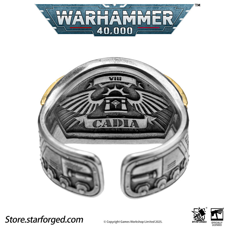 Astra Militarum De Gloria Cadia Ring Cadian Shock Troopers Warhammer Memorial Ring Gold & Silver A ring depicting the winged skull emblem of the Astra Militarum. With the Cadian Gate’s logo etched on its forehead, representing the heroic Cadian Shock Troopers. Their famous warcry, ‘Cadia stands!’ echoes with it.