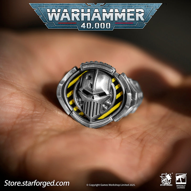 Starforged Warhammer 40K The Sigil Ring of Perturabo Iron Warriors Silver Ring Accessories Jewelry The Iron Warriors stood as the Emperor's most formidable siege force. During the Great Crusade, they fought alongside the Imperial Fists across hundreds of worlds, reducing xenos fortresses and the strongholds of those who defied the Emperor's will to rubble.  Their Primarch Perturabo was a master of siegecraft and trench warfare. As experts in attritional combat, the Iron Warriors preferred devastating artill