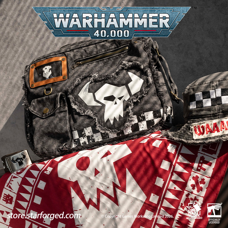 STARFORGED Warhammer 40K Orks Cunningly Brutal Messenger Bag | Orkz Series | Warhammer Gifts WE'RE ABOUT TO START A GROT REBELLION!!!  Orks, also known as Greenskins, are a sentient species in the Warhammer 40K universe. Combining plant-like photosynthetic skin with animalistic behavior, they reproduce asexually through spores. Their genetic code comes preloaded with engineering and technological knowledge, allowing them to construct bizarre war machines and unleash devastating psychic attacks.  