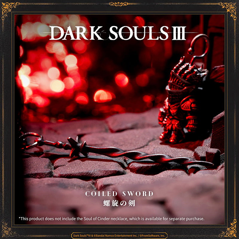 Starforged DARK SOULS III Coiled Sword Pendant Soul of Cinder Game Merchandise Officially Authorized Sword missing from the shrine bonfire.Cannot be equipped as a weapon.Thrust into the shrine bonfire to restore its power and enable travel between bonfires.This sword is only bequeathed to chosen ash, as judged by the Iudex, who awaits the arrival of ash as a scabbard.