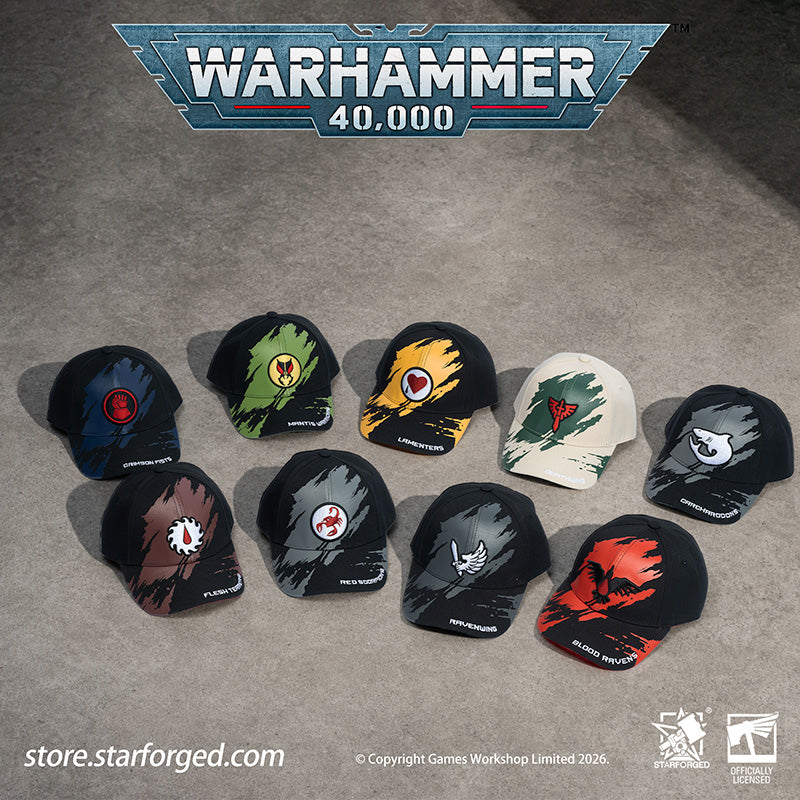 Starforged Warhammer 40K Space Marines Chapters Hats Wave 2 Death Wing Lanenters Mantis Warriors Carcharodons Blood Raven Wing Crimson Fists Flesh Tears Red Scorpion Snapback Baseball Peaked Cap Game Merchandise Warhammer Gifts Fashion Accessories