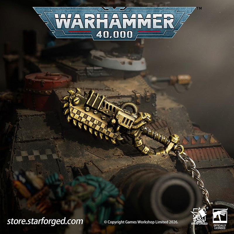Warhammer 40K Weapons Ork Xenos Choppa Keychain WAAAGH! Peripheral Products Starforged Brutal, crude yet surprisingly effective, Ork Choppa is a dangerous weapon to reckon with. It have a singular purpose, and, as any Ork boy would say, it's ded killy.  This collectible keychain is cast in metal,finished in electroplated, includes a silver-metal chain and jump ring. It makes a fantastic gift, display piece, and keepsake.