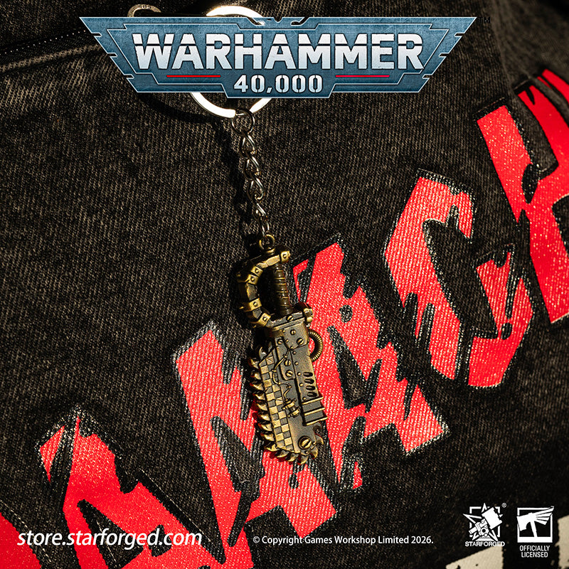 Warhammer 40K Weapons Ork Xenos Choppa Keychain WAAAGH! Peripheral Products Starforged Brutal, crude yet surprisingly effective, Ork Choppa is a dangerous weapon to reckon with. It have a singular purpose, and, as any Ork boy would say, it's ded killy.  This collectible keychain is cast in metal,finished in electroplated, includes a silver-metal chain and jump ring. It makes a fantastic gift, display piece, and keepsake.