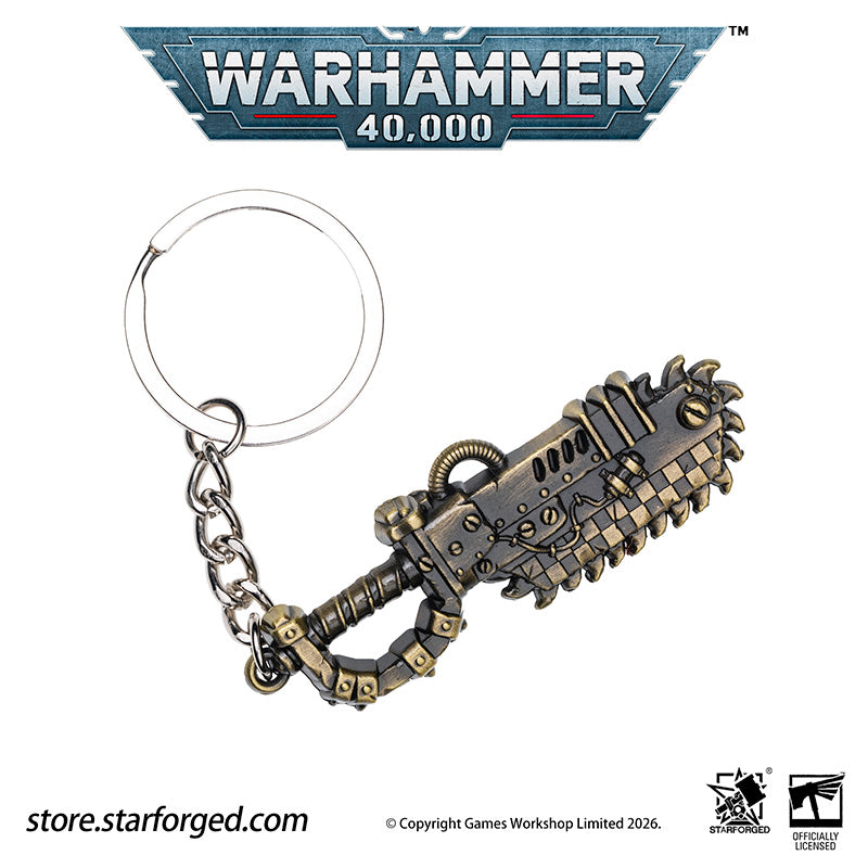 Warhammer 40K Weapons Ork Xenos Choppa Keychain WAAAGH! Peripheral Products Starforged Brutal, crude yet surprisingly effective, Ork Choppa is a dangerous weapon to reckon with. It have a singular purpose, and, as any Ork boy would say, it's ded killy.  This collectible keychain is cast in metal,finished in electroplated, includes a silver-metal chain and jump ring. It makes a fantastic gift, display piece, and keepsake.