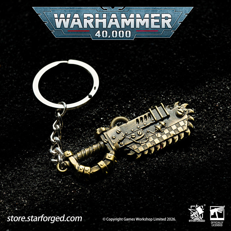 Warhammer 40K Weapons Ork Xenos Choppa Keychain WAAAGH! Peripheral Products Starforged Brutal, crude yet surprisingly effective, Ork Choppa is a dangerous weapon to reckon with. It have a singular purpose, and, as any Ork boy would say, it's ded killy.  This collectible keychain is cast in metal,finished in electroplated, includes a silver-metal chain and jump ring. It makes a fantastic gift, display piece, and keepsake.