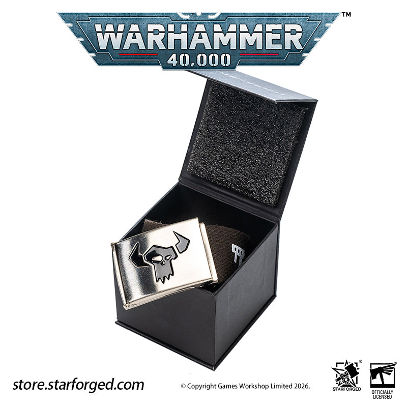 Starforged Warhammer 40K Orks Counsill of Clan-Bosses Set Men's Fashion Accessories Warhammer Merchandise Gifts Orks Counsill of Clan-Bosses Bandana  Only the toughest Orks earn a place on the Counsill of Clan-Bosses. This bandana is the perfect accessory for any aspiring Warboss wanting to get involved in the next Waaagh!.  Orks Counsill of Clan-Bosses Canvas Belt  Buckle up with a belt worthy of the biggest and meanest Warboss, complete with Ork glyphs along the strap - a great addition to any Ork fan’s a