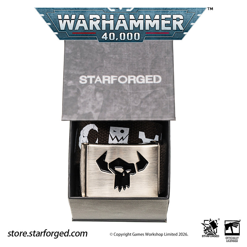 Starforged Warhammer 40K Orks Counsill of Clan-Bosses Set Men's Fashion Accessories Warhammer Merchandise Gifts Orks Counsill of Clan-Bosses Bandana  Only the toughest Orks earn a place on the Counsill of Clan-Bosses. This bandana is the perfect accessory for any aspiring Warboss wanting to get involved in the next Waaagh!.  Orks Counsill of Clan-Bosses Canvas Belt  Buckle up with a belt worthy of the biggest and meanest Warboss, complete with Ork glyphs along the strap - a great addition to any Ork fan’s a