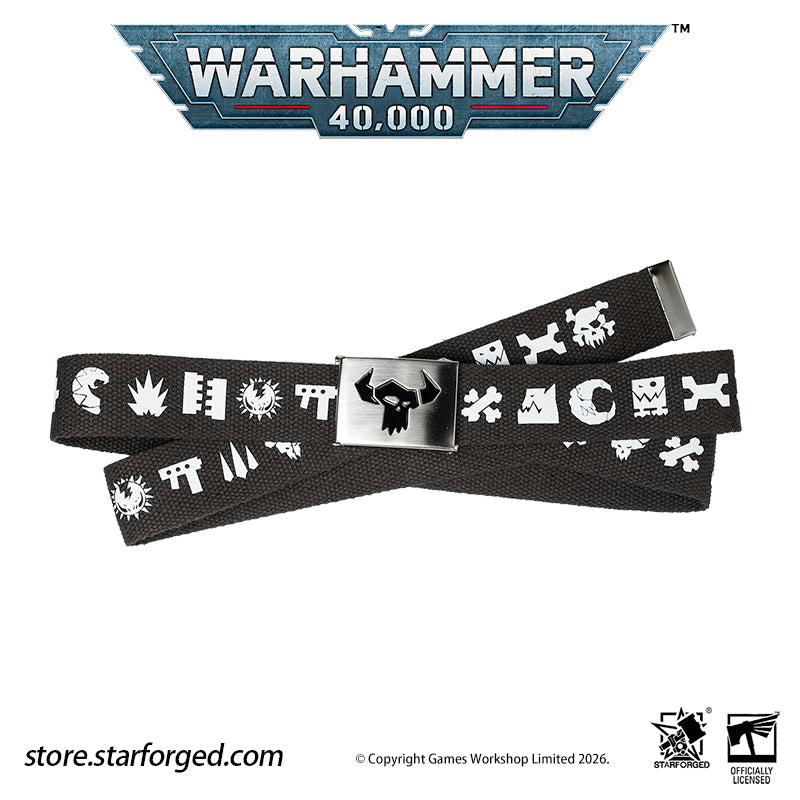 Starforged Warhammer 40K Orks Counsill of Clan-Bosses Set Men's Fashion Accessories Warhammer Merchandise Gifts Orks Counsill of Clan-Bosses Bandana  Only the toughest Orks earn a place on the Counsill of Clan-Bosses. This bandana is the perfect accessory for any aspiring Warboss wanting to get involved in the next Waaagh!.  Orks Counsill of Clan-Bosses Canvas Belt  Buckle up with a belt worthy of the biggest and meanest Warboss, complete with Ork glyphs along the strap - a great addition to any Ork fan’s a