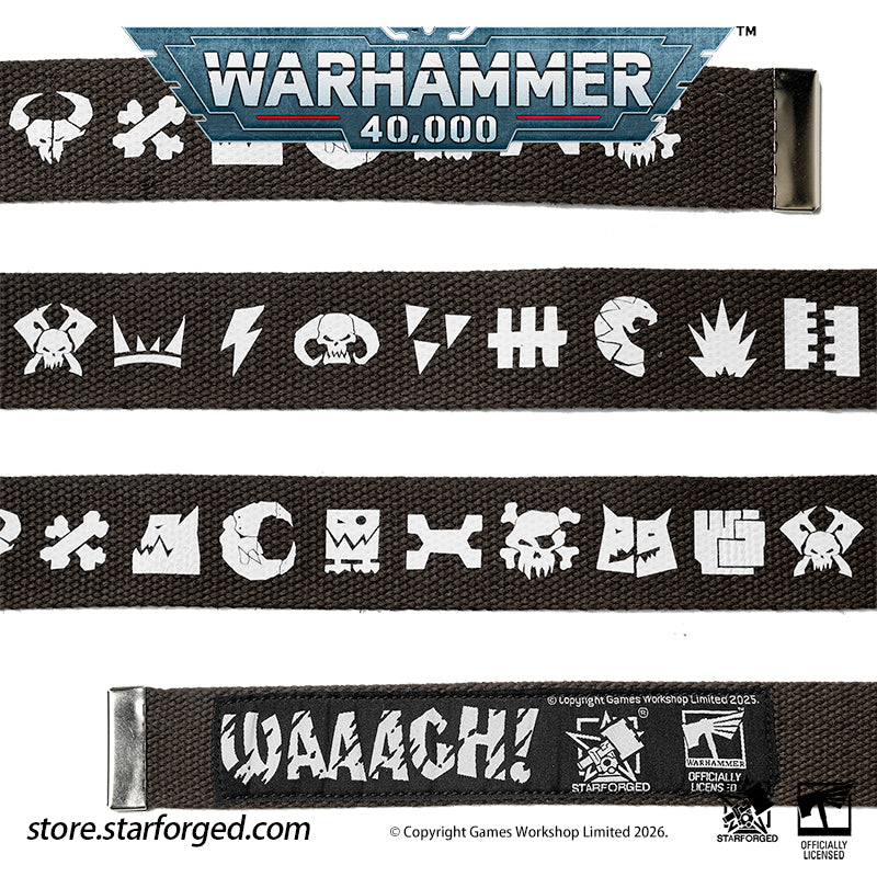 Starforged Warhammer 40K Orks Counsill of Clan-Bosses Set Men's Fashion Accessories Warhammer Merchandise Gifts Orks Counsill of Clan-Bosses Bandana  Only the toughest Orks earn a place on the Counsill of Clan-Bosses. This bandana is the perfect accessory for any aspiring Warboss wanting to get involved in the next Waaagh!.  Orks Counsill of Clan-Bosses Canvas Belt  Buckle up with a belt worthy of the biggest and meanest Warboss, complete with Ork glyphs along the strap - a great addition to any Ork fan’s a