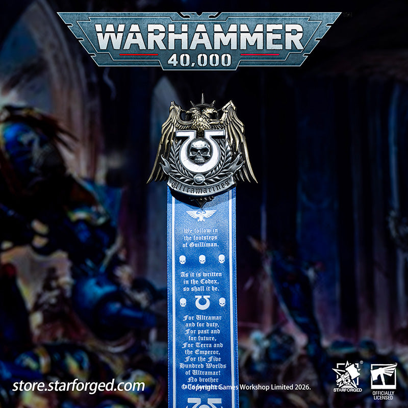 Starforged Warhammer 40K Space Marines Ultramarines Scroll Seal Heavy Pin Badge Men's Fashion Jewelry Warhammer Merchandise Gifts The Ultramarines were the XIIIth Legion of the Great Crusade. Though the Codex Astartes mandated the splitting of all surviving Legions, the number thirteen endures upon many ancestral heraldries of the Ultramarines. XIII is emblazoned upon countless ancient wargear, banners and vehicle hulls of the Chapter.  As a disciplined fighting force, the Ultramarines stand sworn to defend