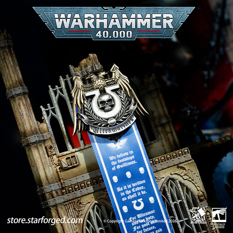 Starforged Warhammer 40K Space Marines Ultramarines Scroll Seal Heavy Pin Badge Men's Fashion Jewelry Warhammer Merchandise Gifts The Ultramarines were the XIIIth Legion of the Great Crusade. Though the Codex Astartes mandated the splitting of all surviving Legions, the number thirteen endures upon many ancestral heraldries of the Ultramarines. XIII is emblazoned upon countless ancient wargear, banners and vehicle hulls of the Chapter.  As a disciplined fighting force, the Ultramarines stand sworn to defend
