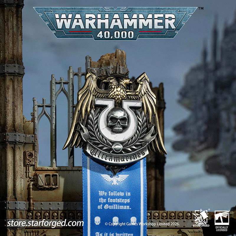 Starforged Warhammer 40K Space Marines Ultramarines Scroll Seal Heavy Pin Badge Men's Fashion Jewelry Warhammer Merchandise Gifts The Ultramarines were the XIIIth Legion of the Great Crusade. Though the Codex Astartes mandated the splitting of all surviving Legions, the number thirteen endures upon many ancestral heraldries of the Ultramarines. XIII is emblazoned upon countless ancient wargear, banners and vehicle hulls of the Chapter.  As a disciplined fighting force, the Ultramarines stand sworn to defend