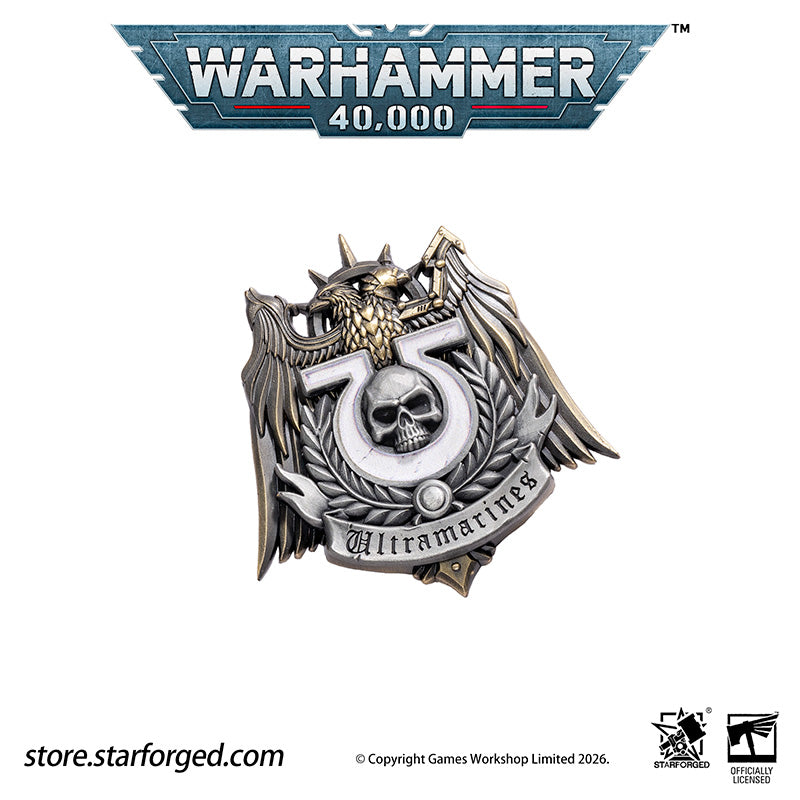 Starforged Warhammer 40K Space Marines Ultramarines Scroll Seal Heavy Pin Badge Men's Fashion Jewelry Warhammer Merchandise Gifts The Ultramarines were the XIIIth Legion of the Great Crusade. Though the Codex Astartes mandated the splitting of all surviving Legions, the number thirteen endures upon many ancestral heraldries of the Ultramarines. XIII is emblazoned upon countless ancient wargear, banners and vehicle hulls of the Chapter.  As a disciplined fighting force, the Ultramarines stand sworn to defend