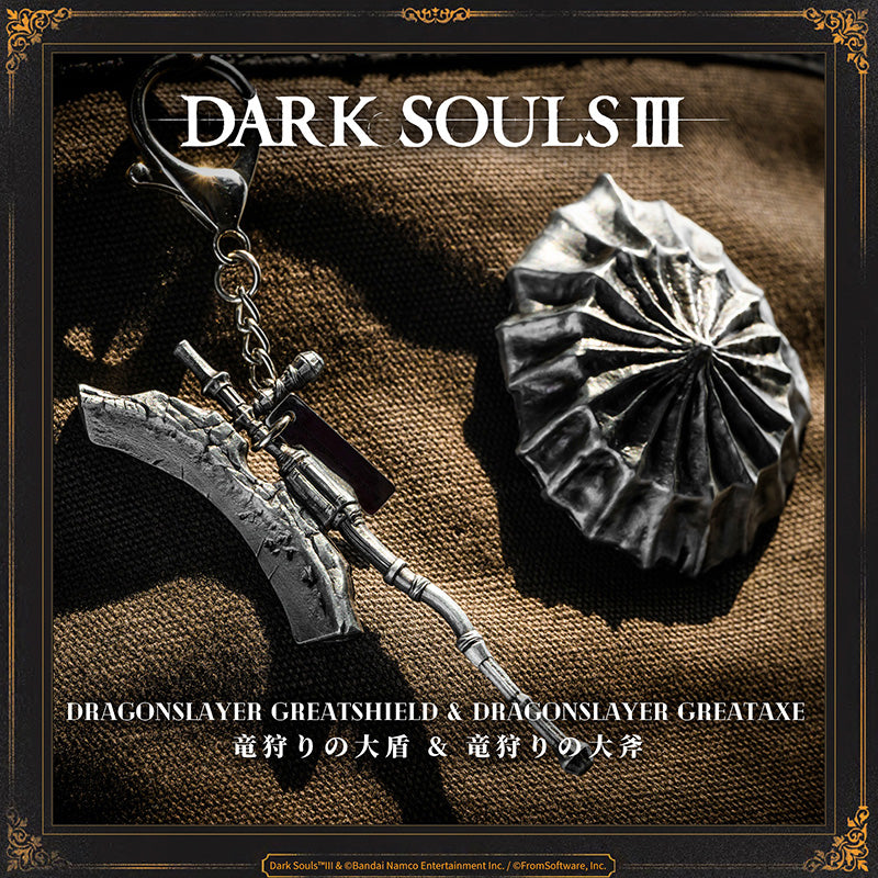 Starforged DARK SOULS III Dragonslayer Greatshield & Dragonslayer Greataxe Keychain Accessories Game Merchandise Officially Authorized Dragonslayer GreatshieldMelted iron shield that once formed part of the Dragonslayer Armour.The shield offers high protection to lightning, which the Dragonslayer commanded as his own, and its Skill has faint echoes of the Dragonslayer's own fighting style.Dragonslayer GreataxeMelted iron greataxe that once formed part of the Dragonslayer Armour.Thickly imbued with the power