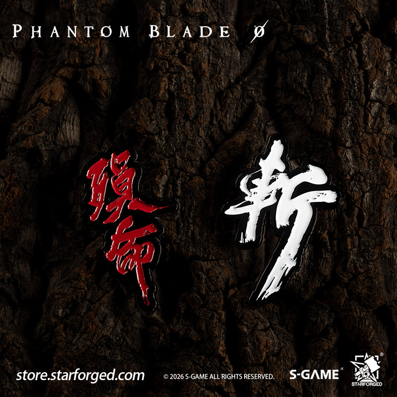 STARFORGED Phantom Blade Zero "EXECUTE" & "DEAD" Text Enamel Pins | Official Licensed Game Merchandise Collectible Gift — Product detail or display scene with Phantom Blade Zero branding